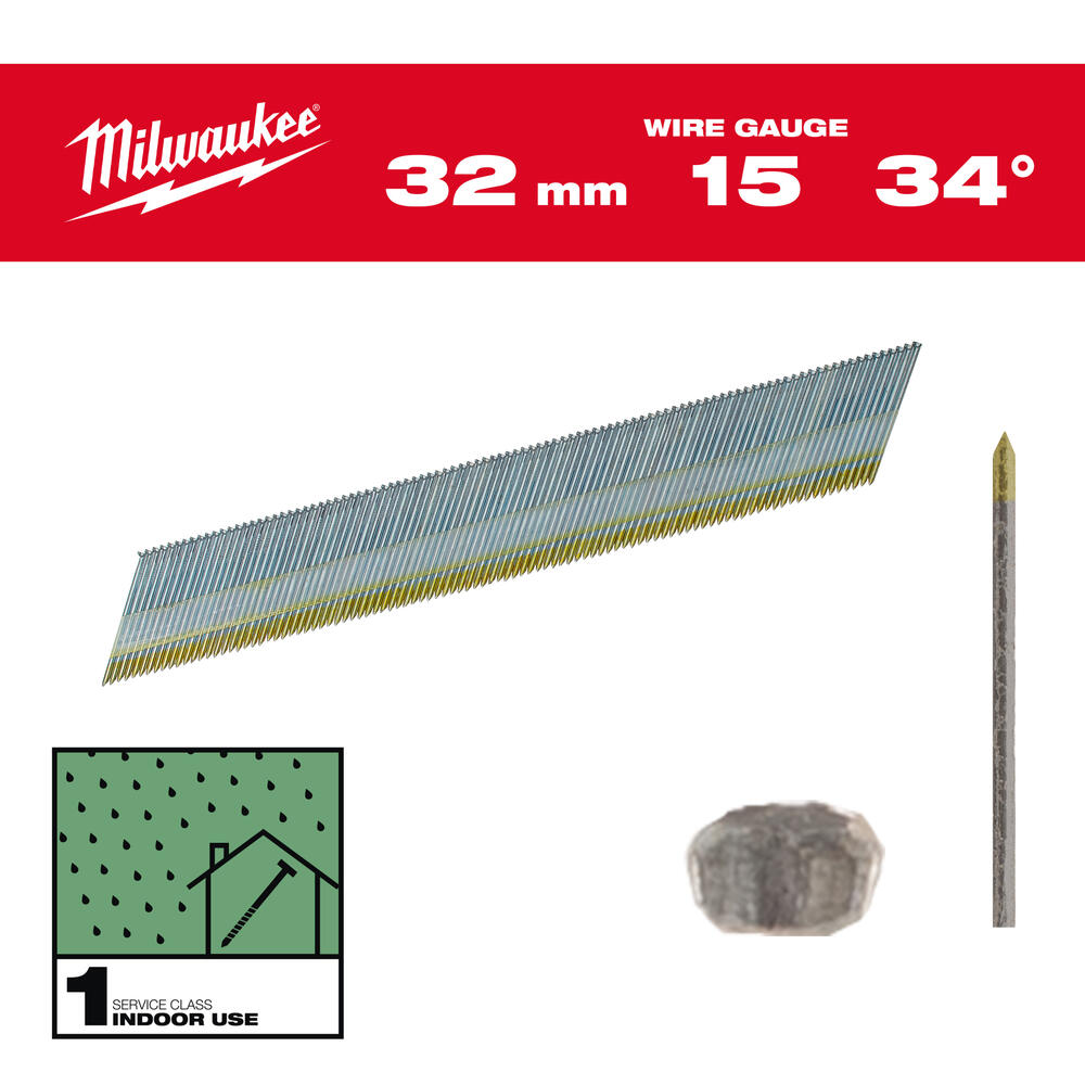 Milwaukee Stift-Nägel D-Kopf 15 Gauge für M18CN15GA & M18FN15GA 34 Grad verzinkt