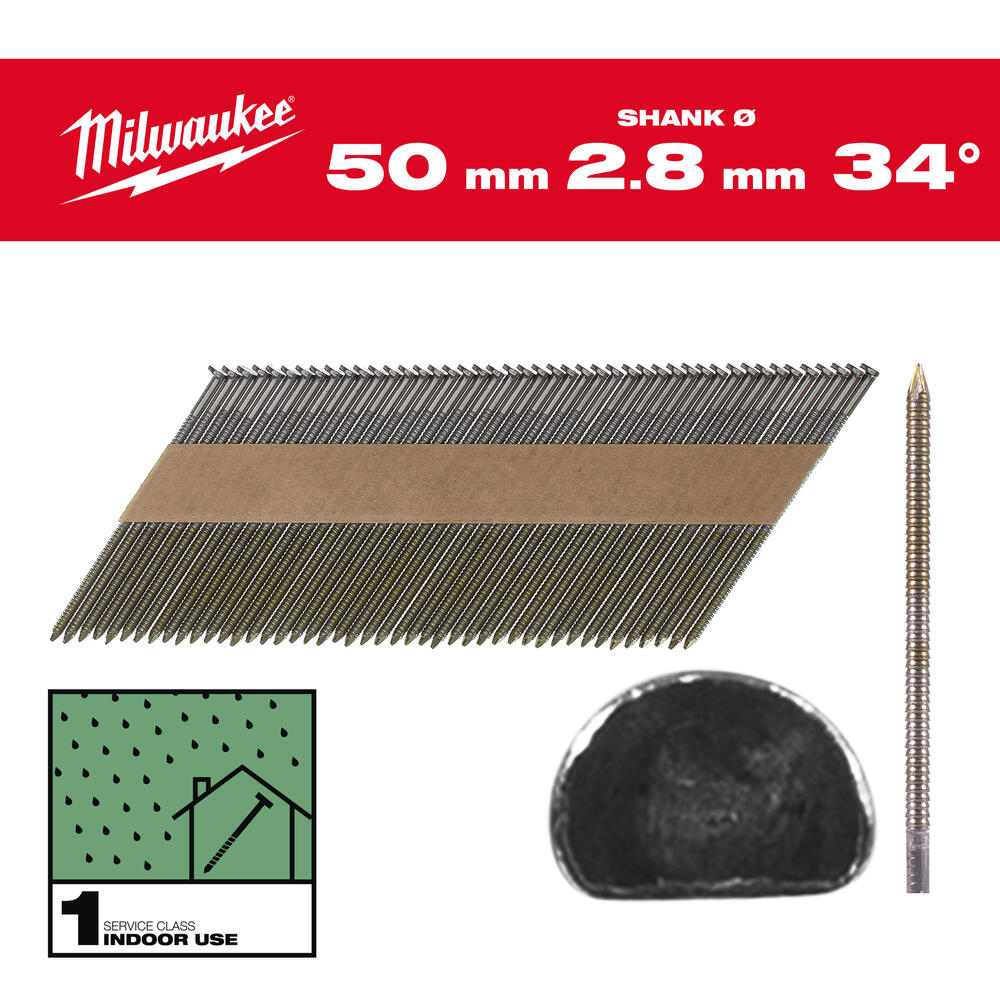 Milwaukee D-Kopf-Nägel für M18FFN, Ringschaft blank, 34 Grad